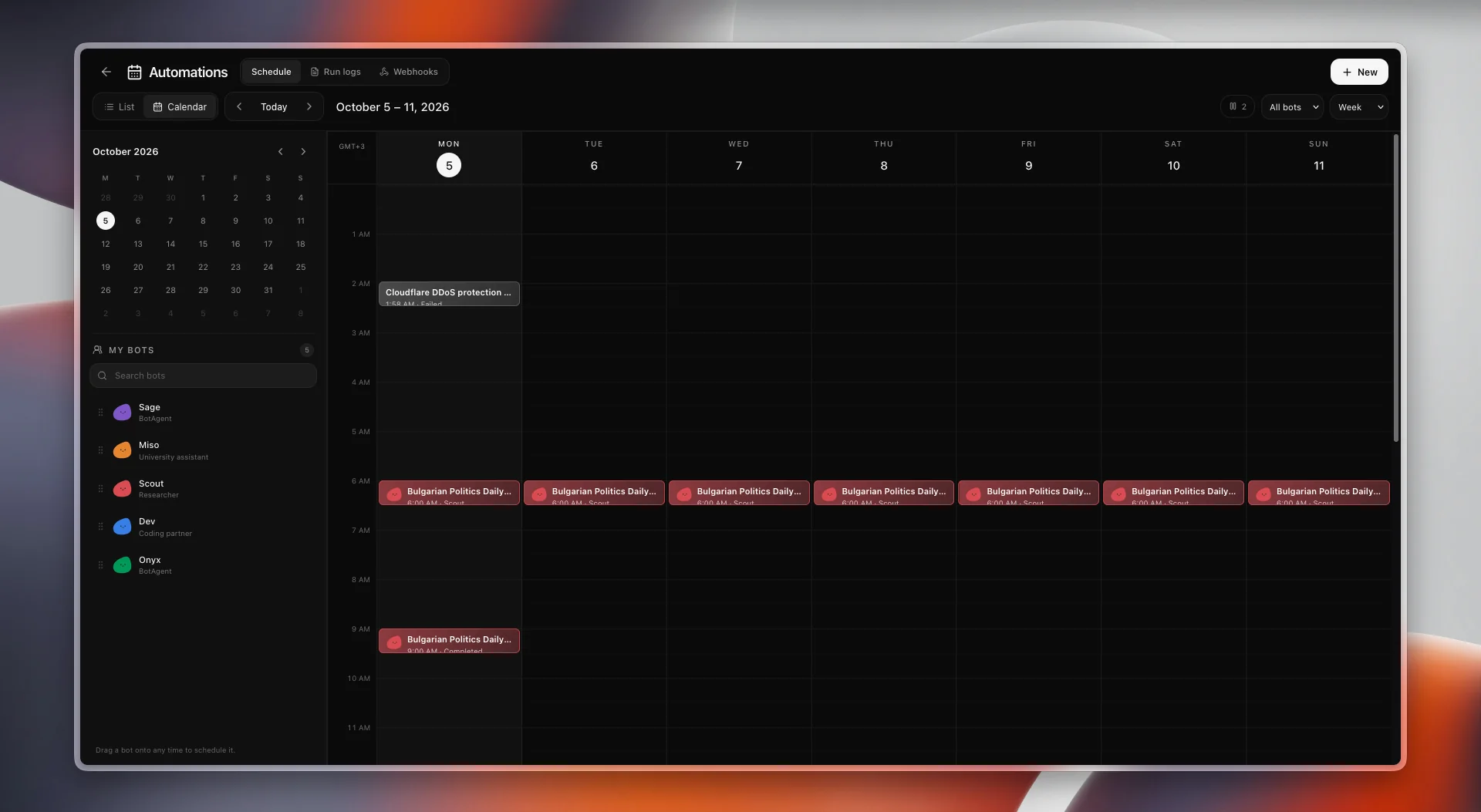 Tazmu automations calendar showing a week of scheduled bot routines