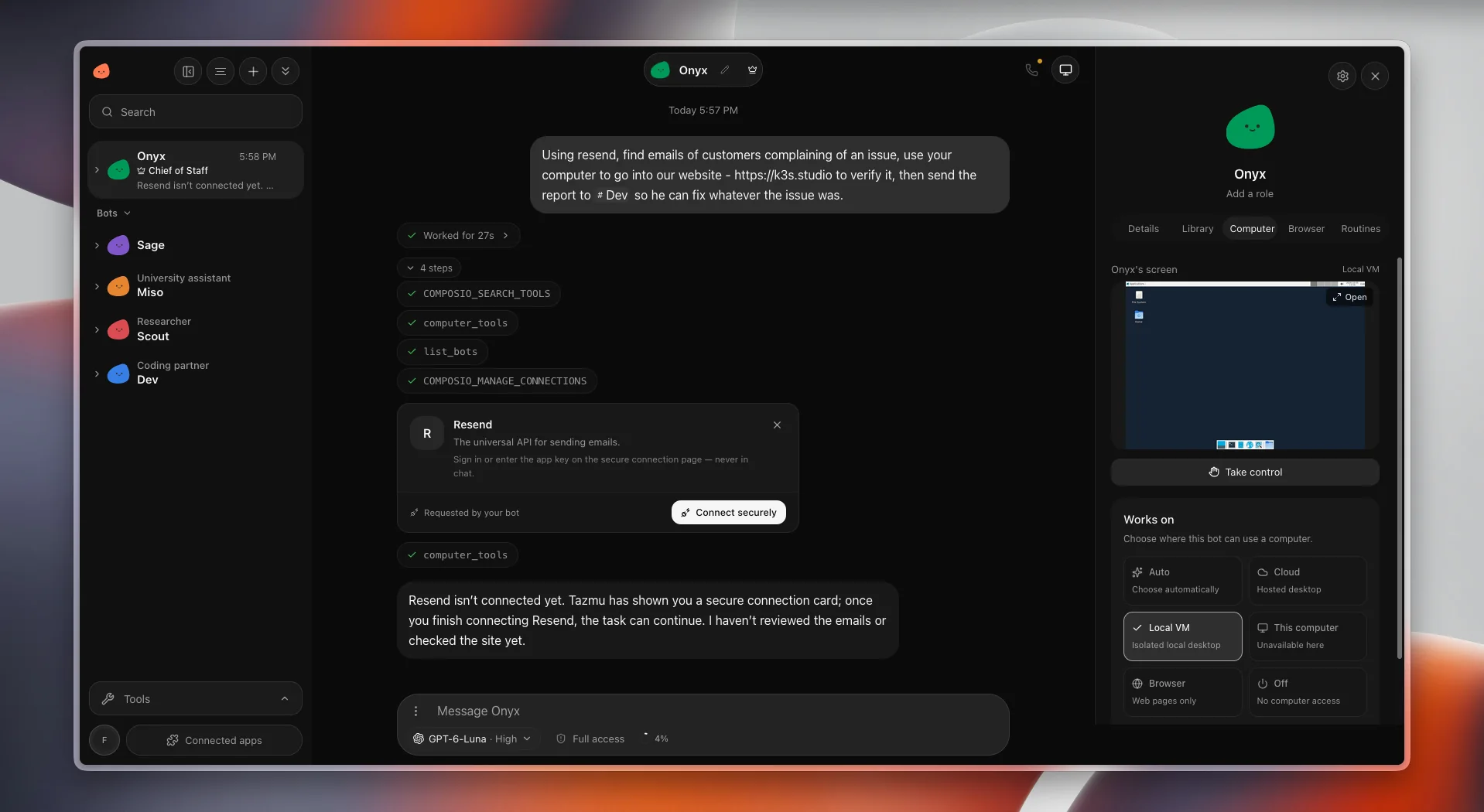 Tazmu bot profile showing its role, its computer settings, and a task it is working on