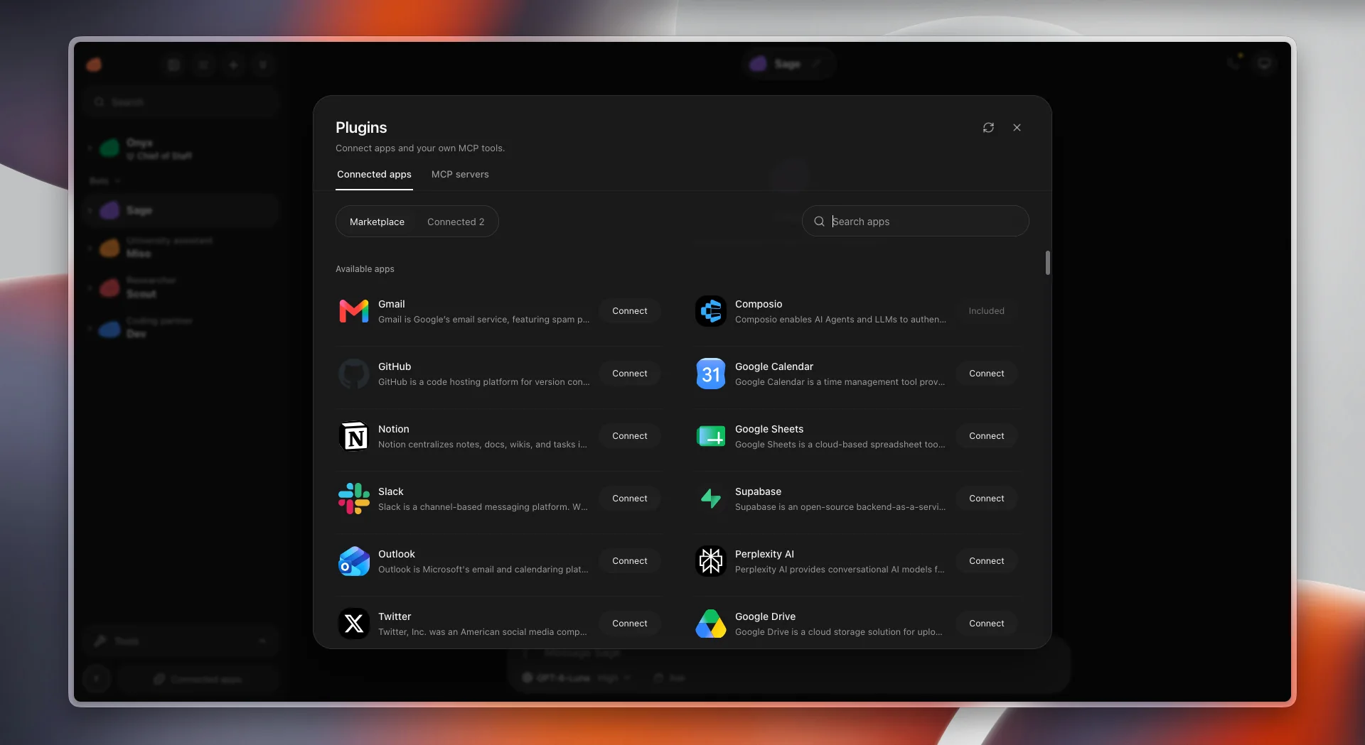 Tazmu plugins marketplace listing apps such as Gmail, GitHub, Notion, Slack, and Google Drive