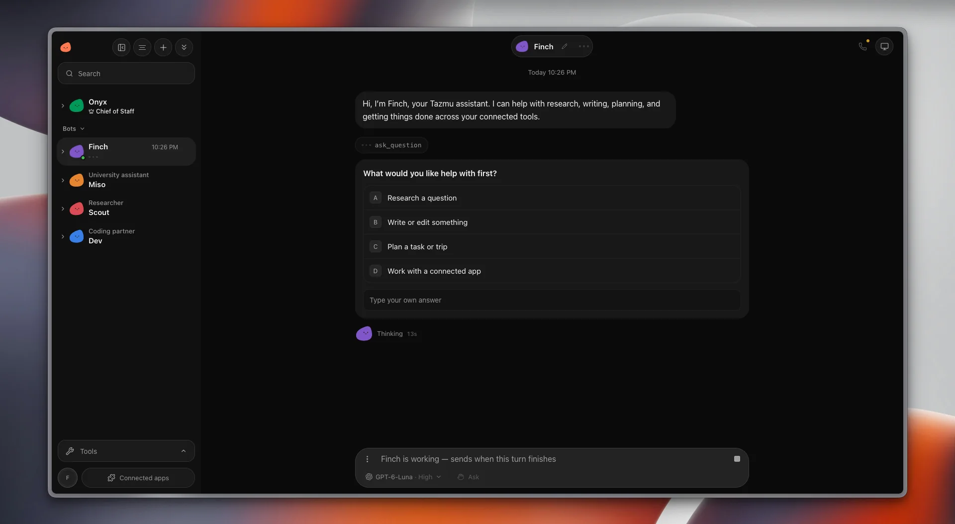 A Tazmu bot asking which task to start with and offering four answers